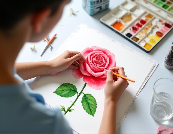 Botanical illustration workshop participant painting a garden rose specimen in watercolour
