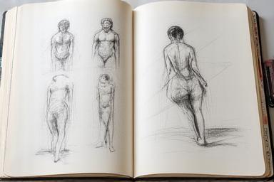 Student sketchbook showing progression of drawing practice from first session to week six
